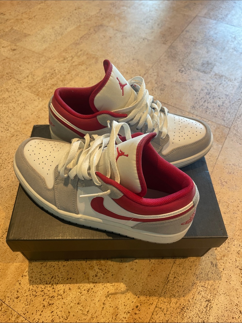 Authentic Air Jordan 1 Low SE Sneakers in White, Gray and Red